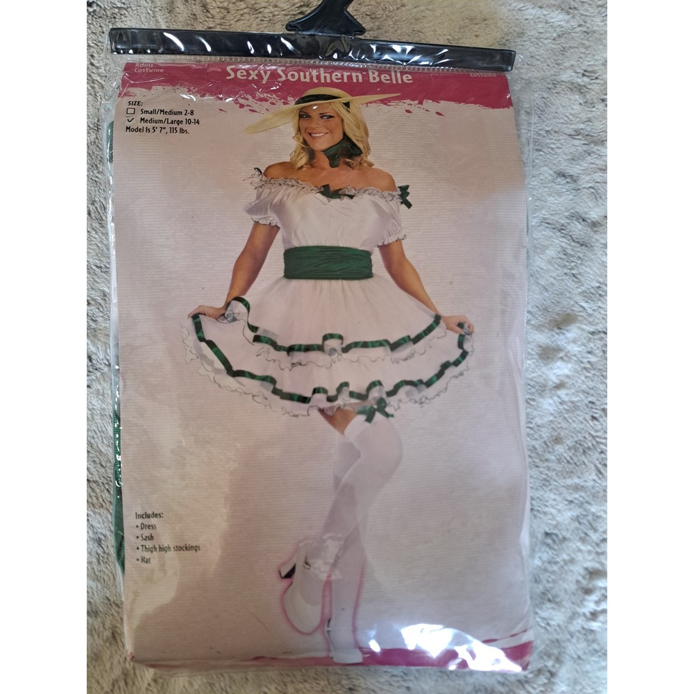 Fun World Sexy Southern Belle Costume Set White Green Dress & Hat Size M/L 10-14